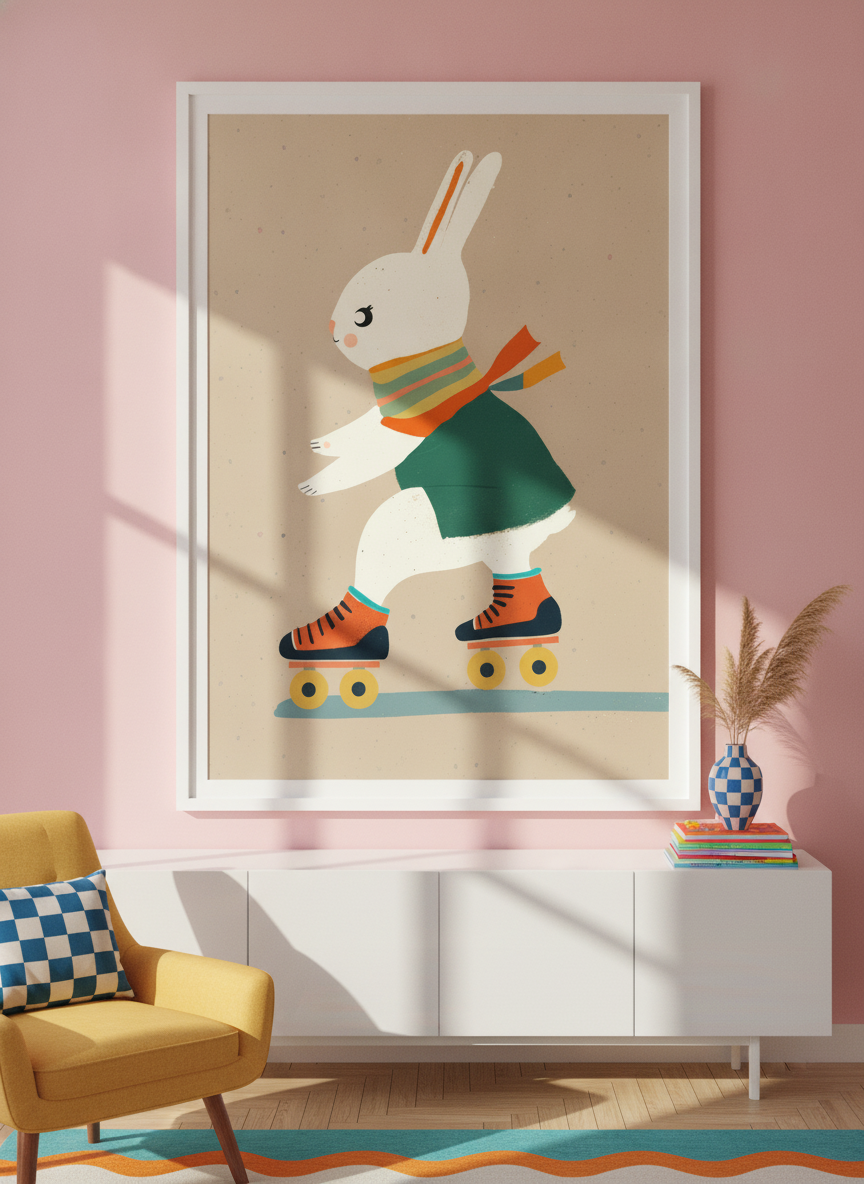 Oversized statement modern wall art print styled on the wall in a colourful eclectic living room