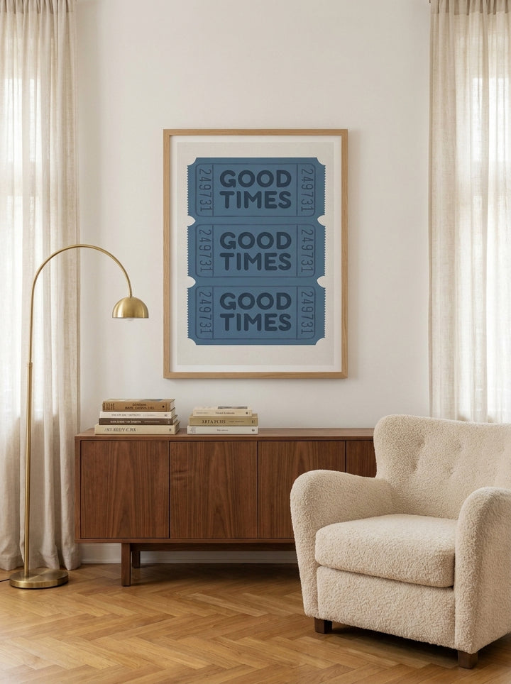 Modern wall art print styled on the wall in a mid-century living room