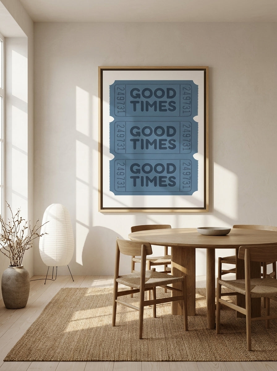 Oversized statement canvas wall art with a natural timber surround styled on the wall in a warm Japandi dining room