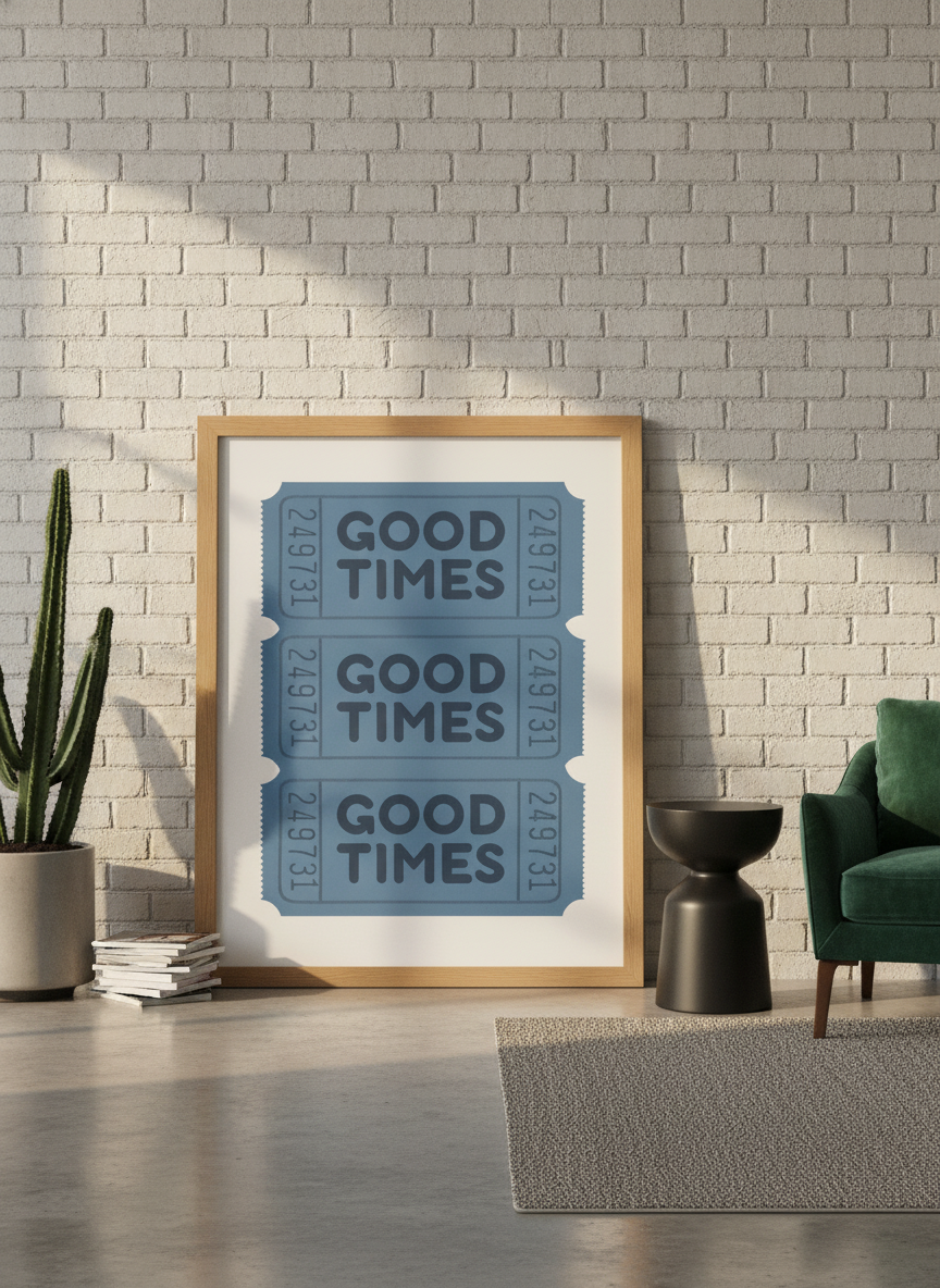 Oversized statement modern wall art print leaning against the wall in an industrial loft dining room