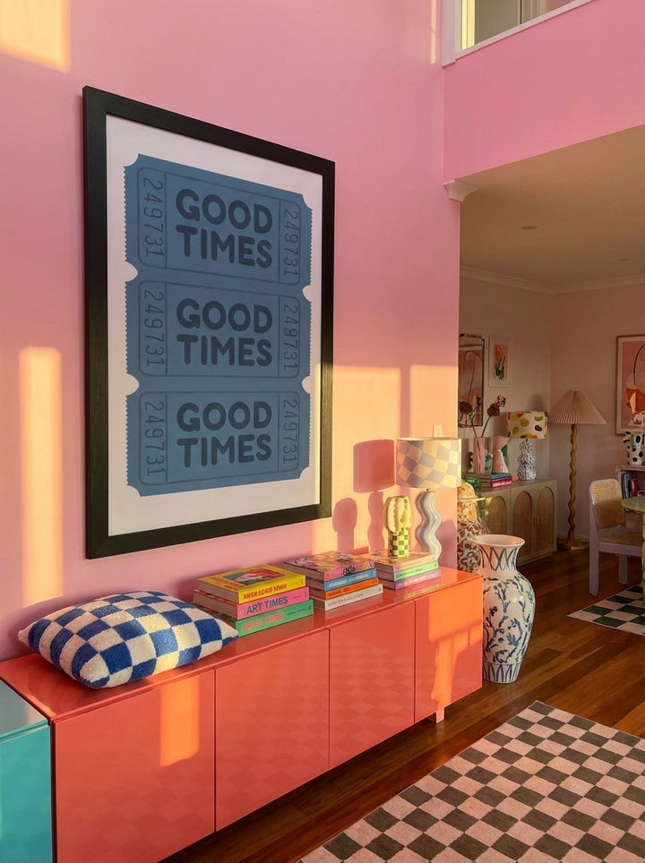 Oversized statement modern wall art print styled on the wall in a colourful eclectic living room