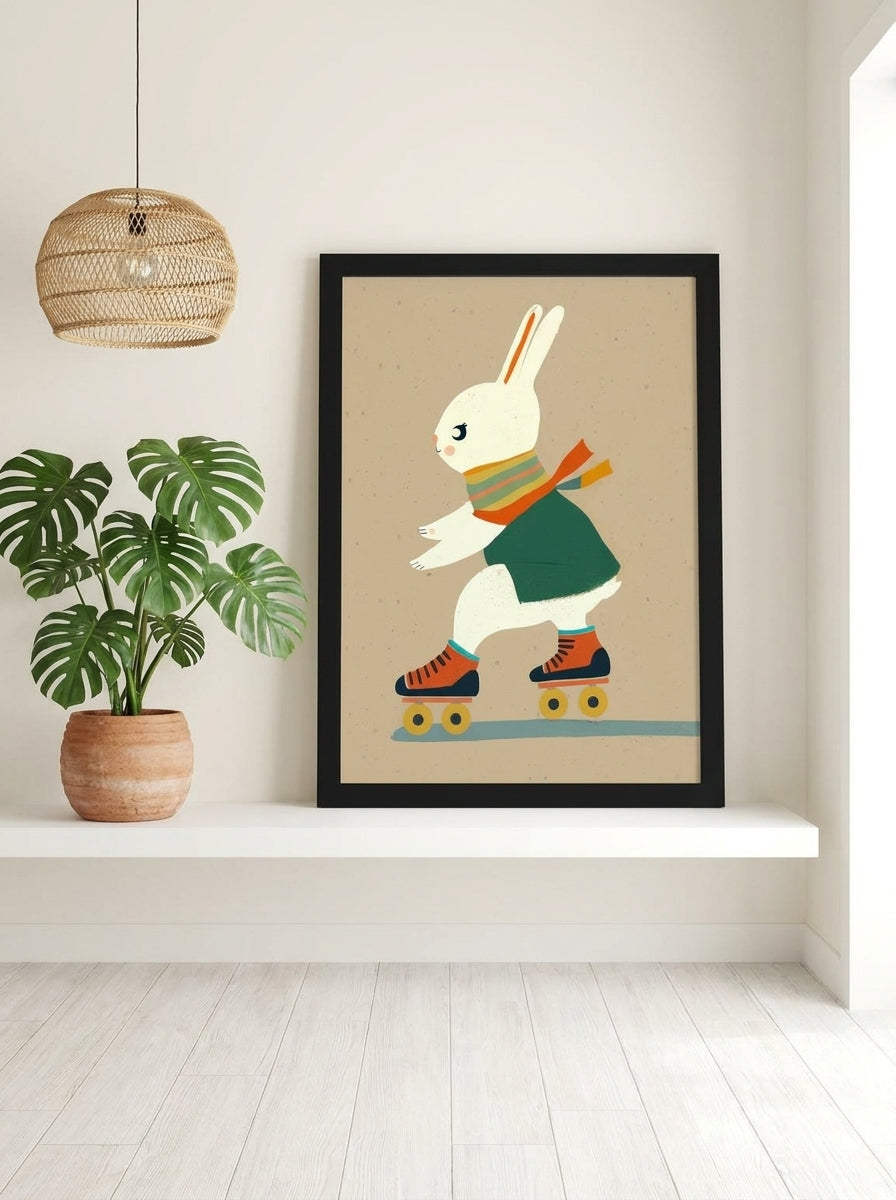 Modern wall art print standing on a shelf in a bright Scandinavian bedroom