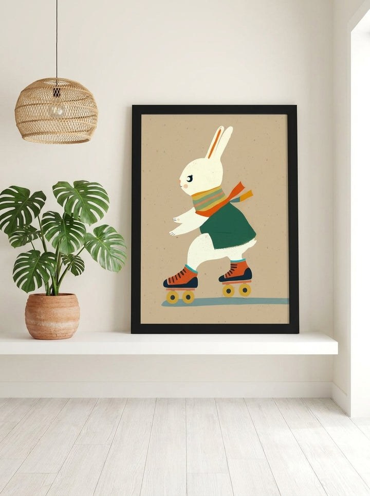 Modern wall art print standing on a shelf in a bright Scandinavian bedroom