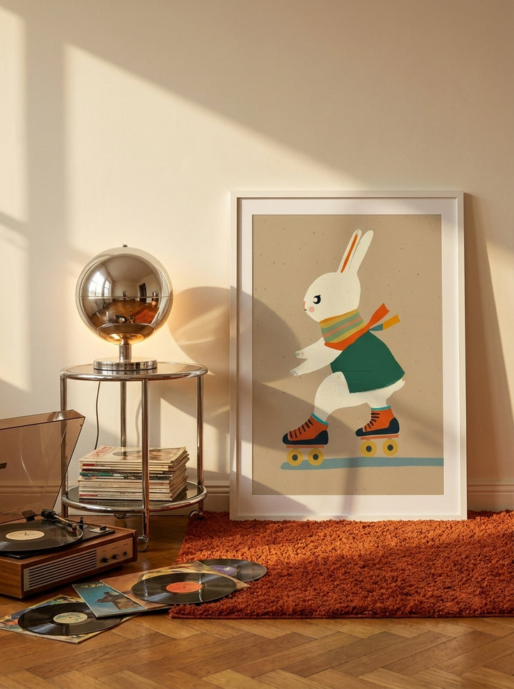 Modern wall art print leaning against the wall in a retro 70s bedroom