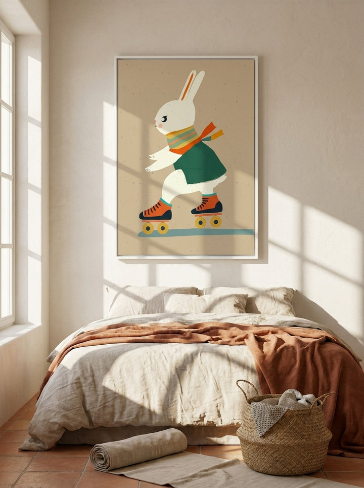 Canvas wall art with a white surround styled on the wall in a Mediterranean bedroom