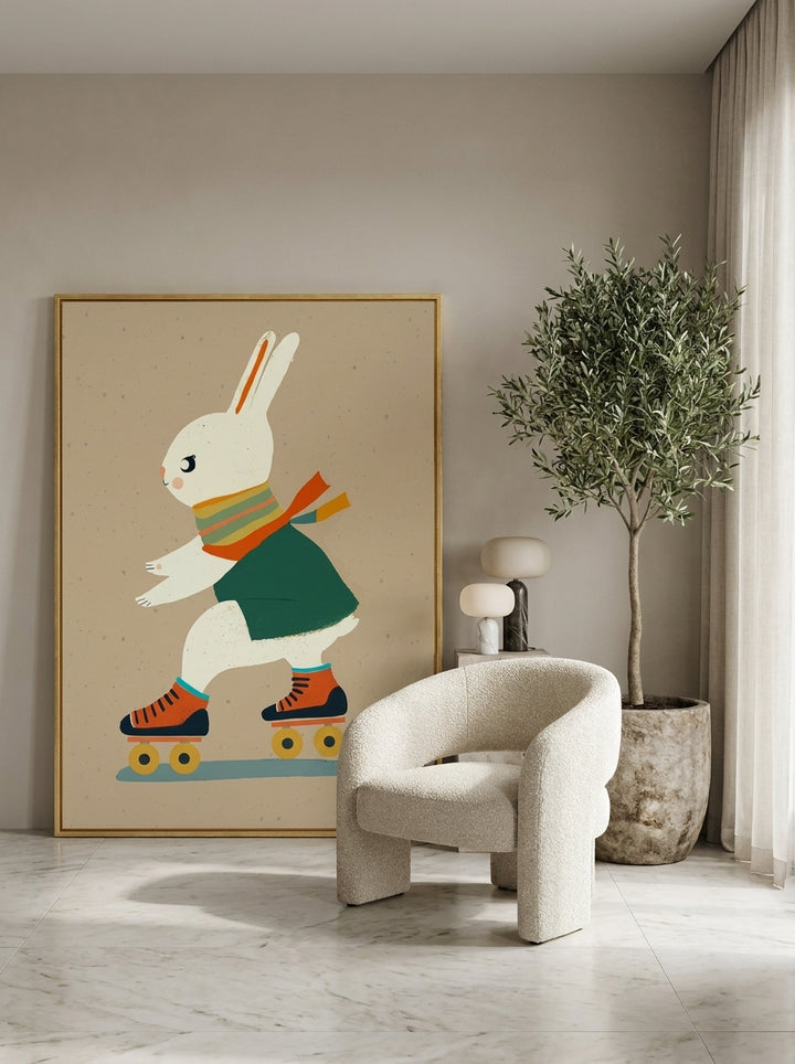 Oversized statement canvas wall art with a gold leaf surround leaning against the wall in a luxe living room