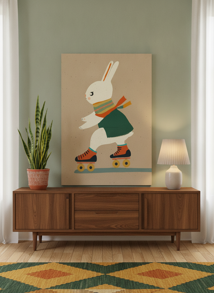 Stretched canvas wall art standing on a sideboard in a mid-century living room