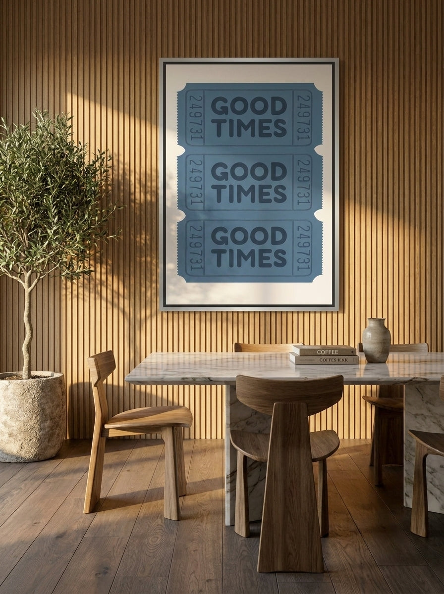Canvas wall art with a silver leaf surround styled on the wall in a luxe dining room