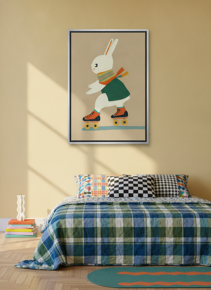 Canvas wall art with a silver leaf surround styled on the wall in a colourful eclectic bedroom