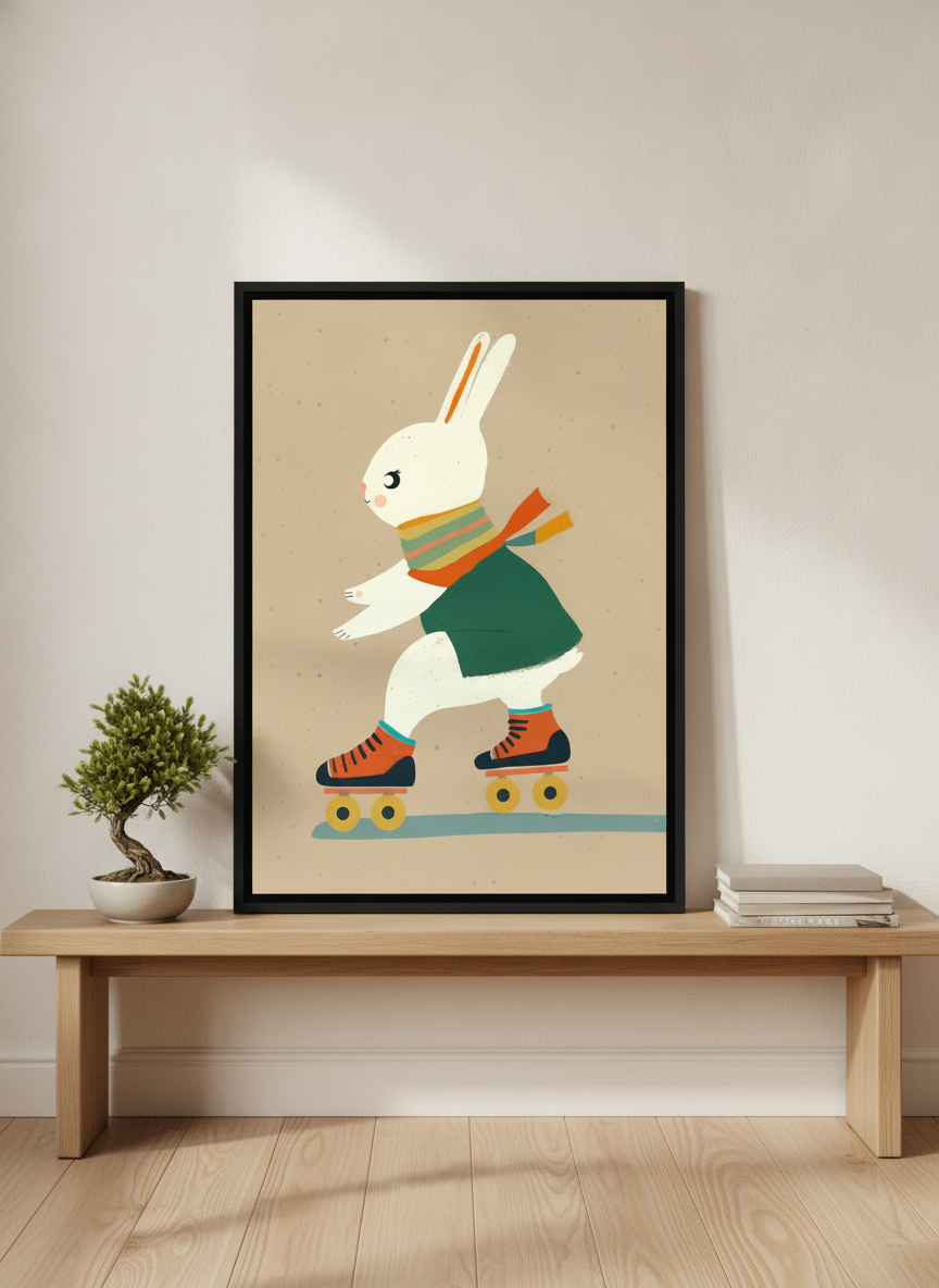 Canvas wall art with a black surround standing on a bench in a warm Japandi nursery