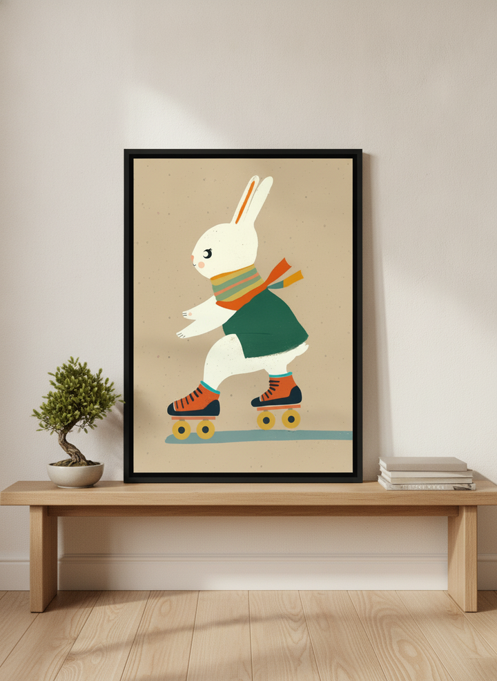 Canvas wall art with a black surround standing on a bench in a warm Japandi nursery