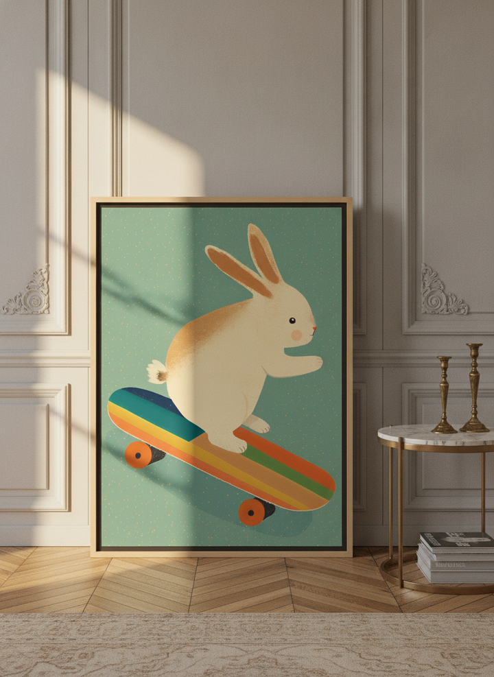 Canvas wall art with a natural timber surround leaning against the wall in a Parisian bedroom