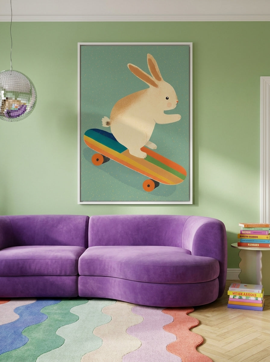 Canvas wall art with a white surround styled on the wall in a colourful eclectic living room