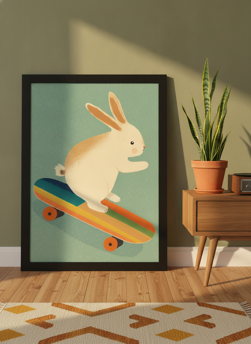 Oversized statement modern wall art print leaning against the wall in a mid-century kitchen