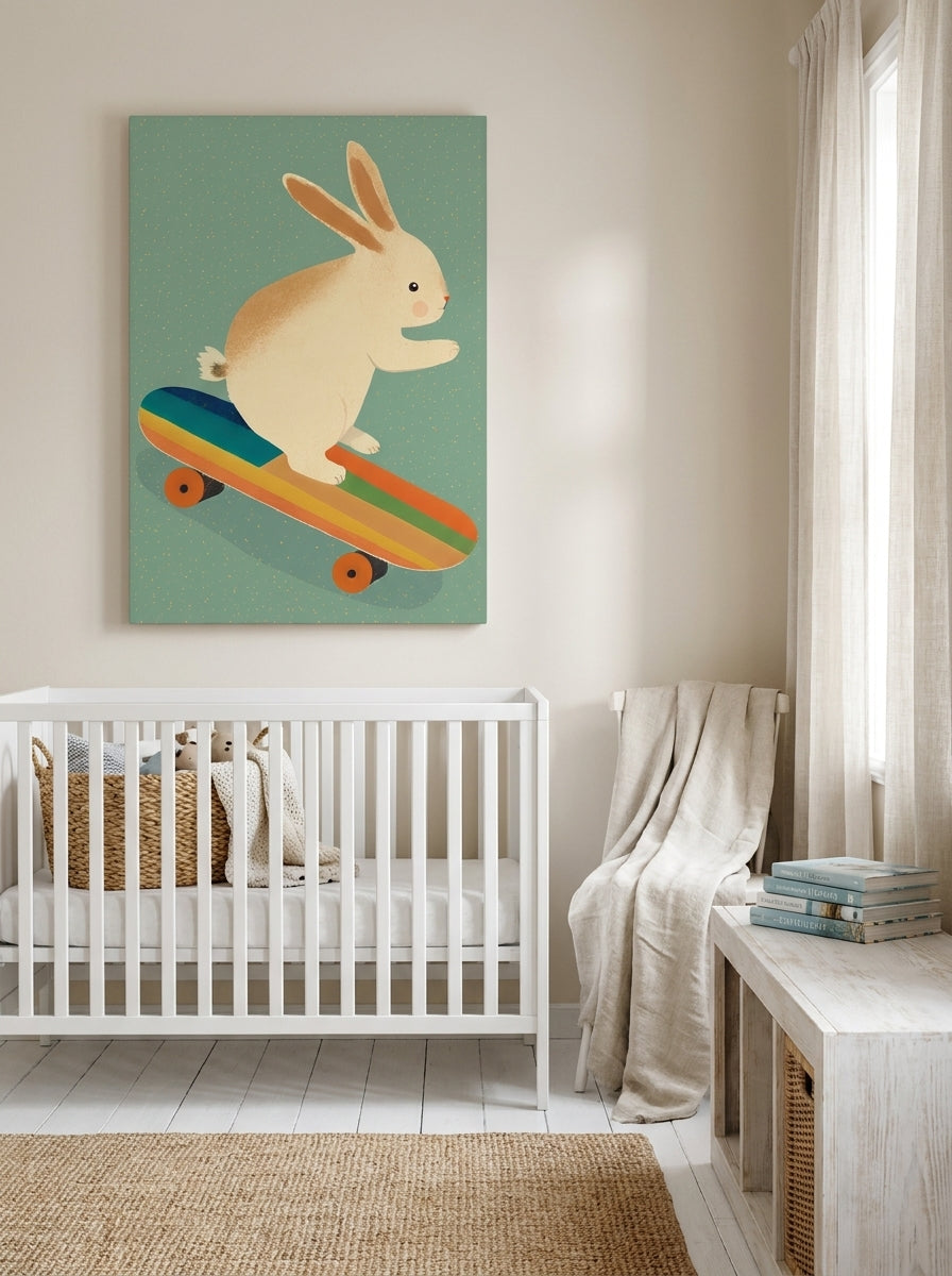 Stretched canvas wall art styled on the wall in a coastal nursery