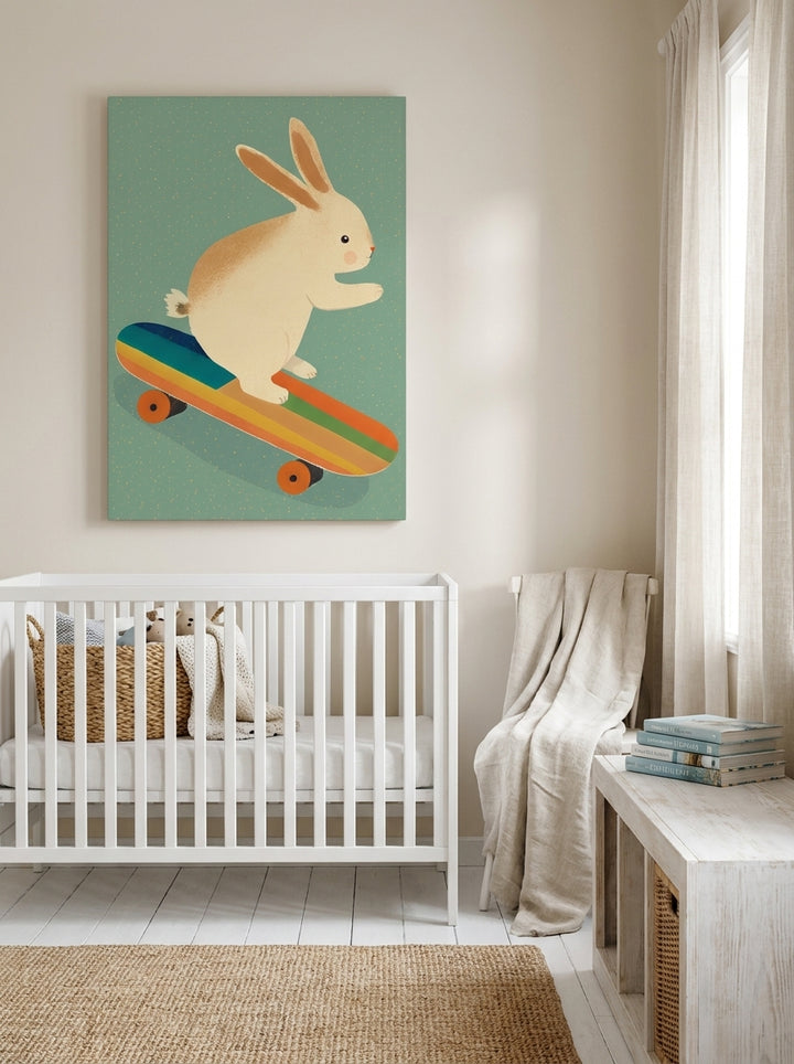 Stretched canvas wall art styled on the wall in a coastal nursery