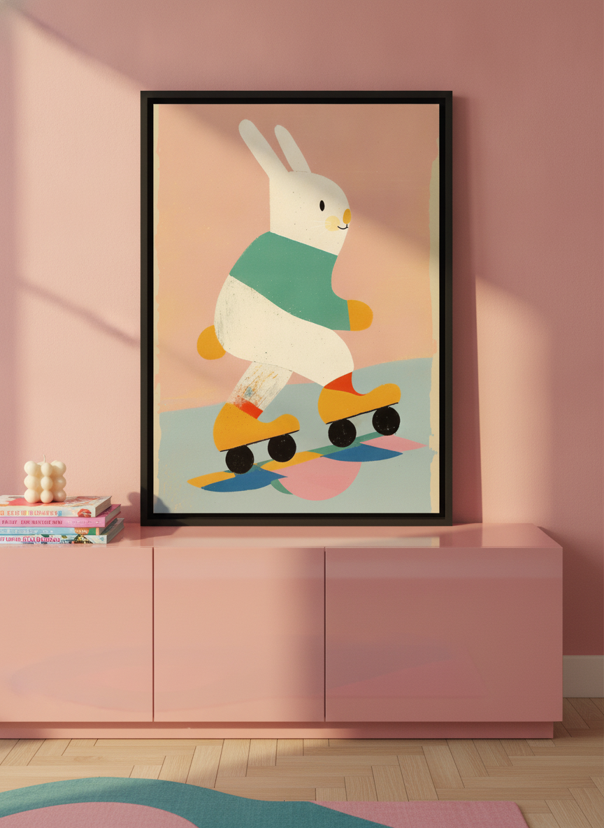 Canvas wall art with a black surround standing on a sideboard in a colourful eclectic nursery