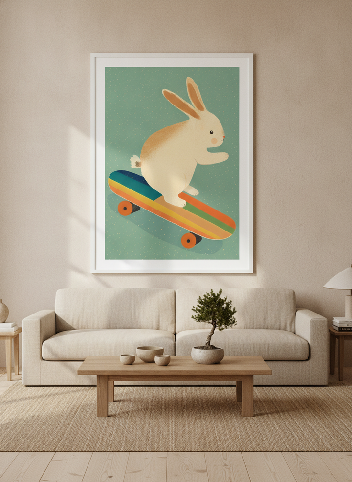 Oversized statement modern wall art print styled on the wall in a warm Japandi living room