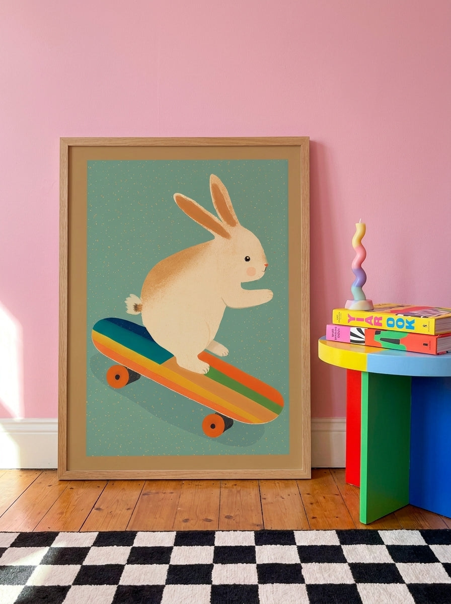 Modern wall art print leaning against the wall in a colourful eclectic living room