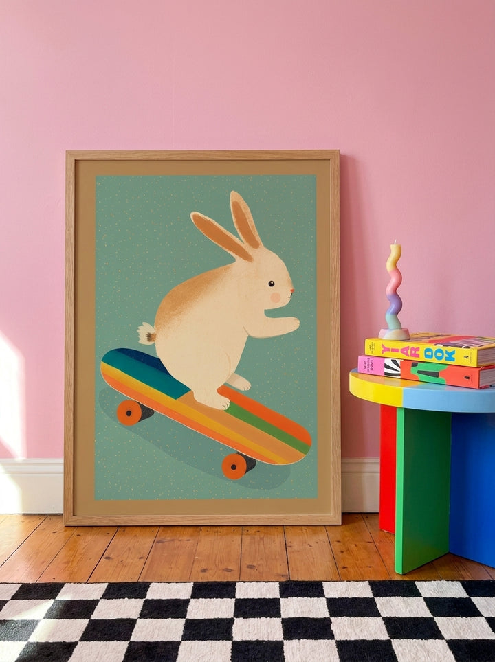 Modern wall art print leaning against the wall in a colourful eclectic living room