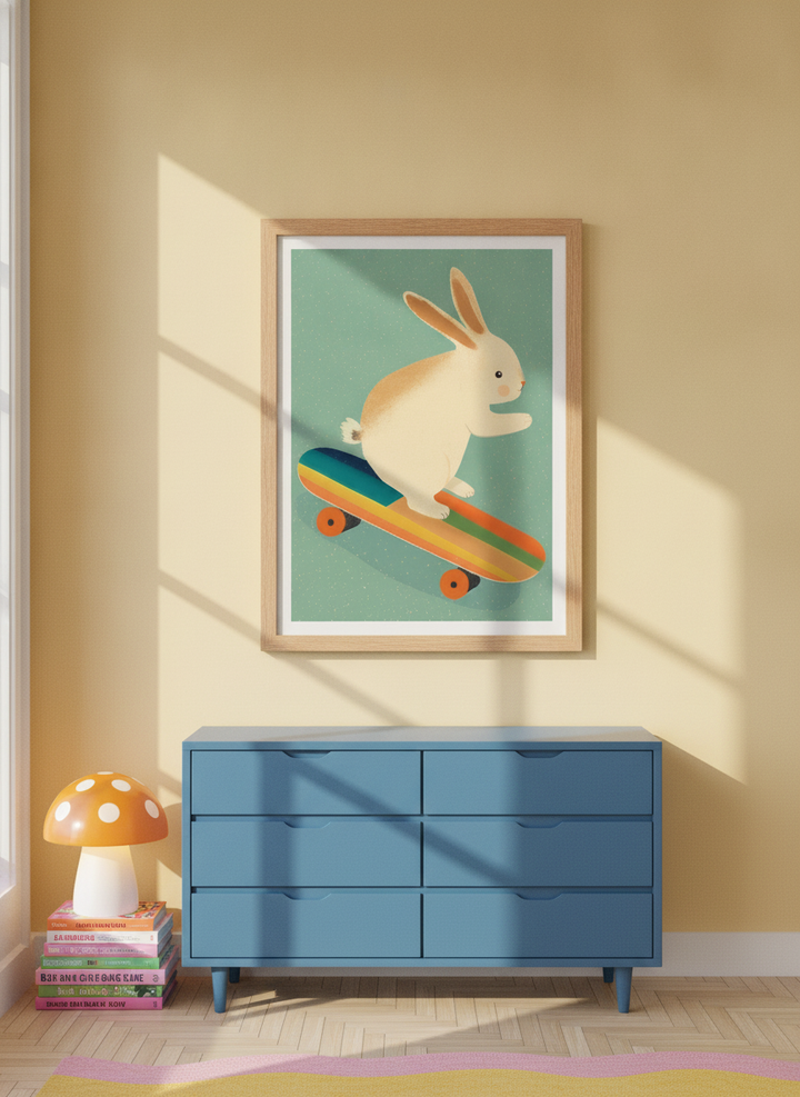 Modern wall art print styled on the wall in a colourful eclectic nursery