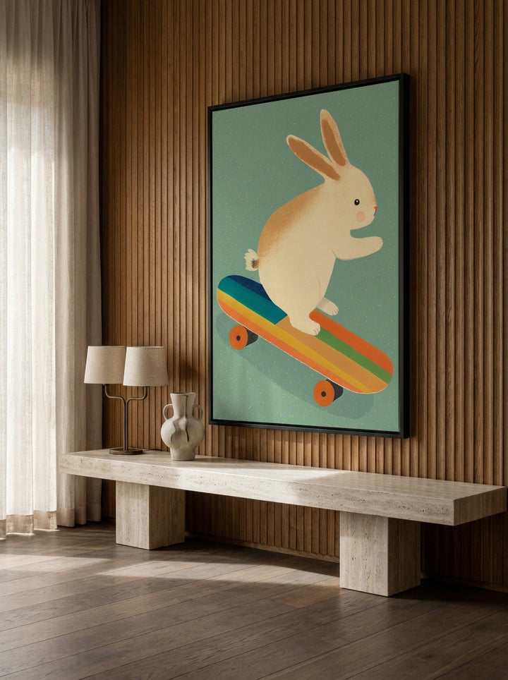 Oversized statement canvas wall art with a black surround styled on the wall in a luxe living room