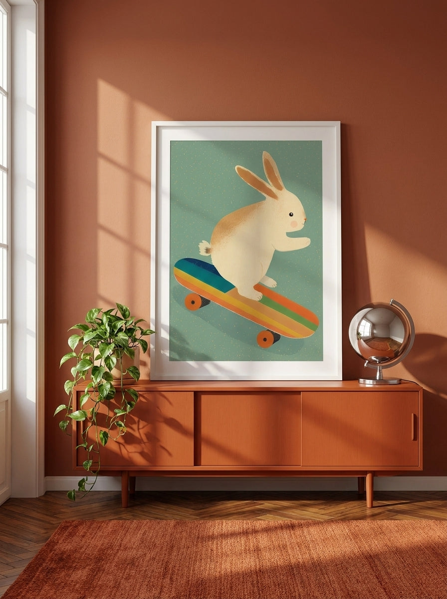 Modern wall art print standing on a sideboard in a retro 70s home office