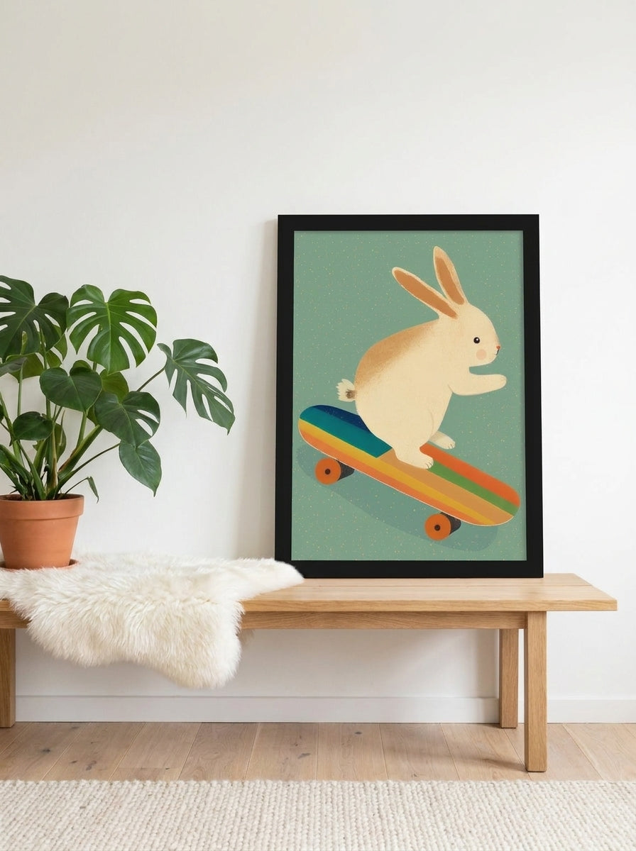 Modern wall art print standing on a bench in a bright Scandinavian bedroom