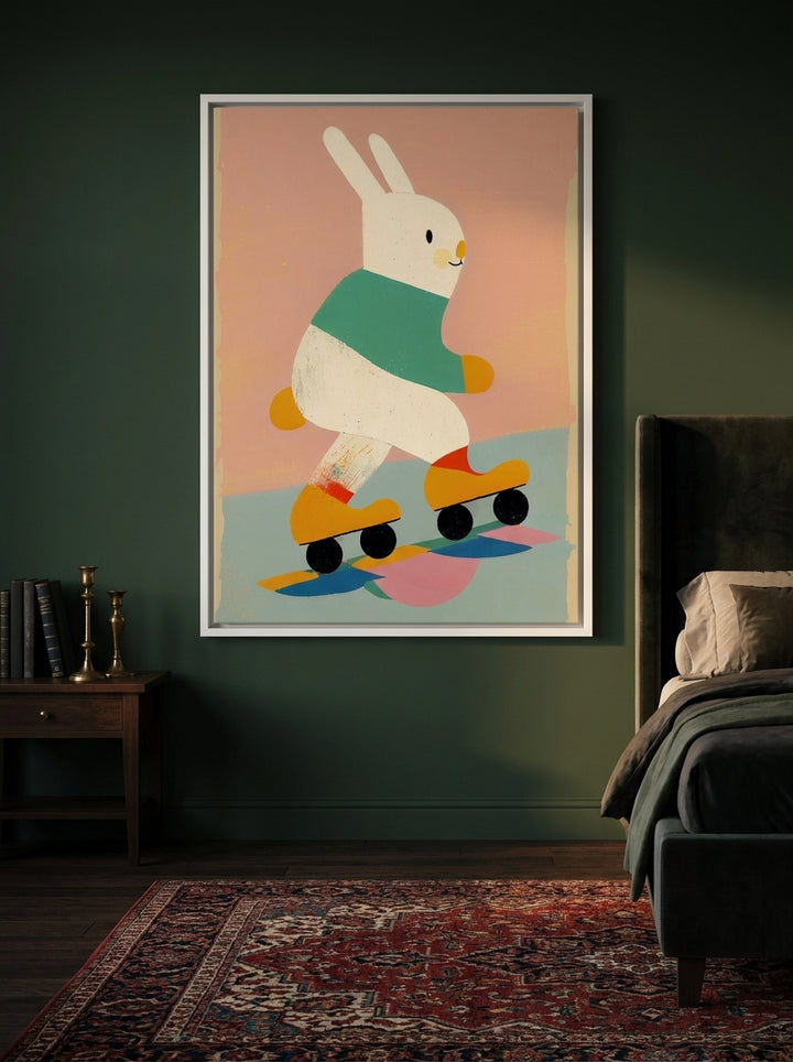 Canvas wall art with a white surround styled on the wall in a moody bedroom