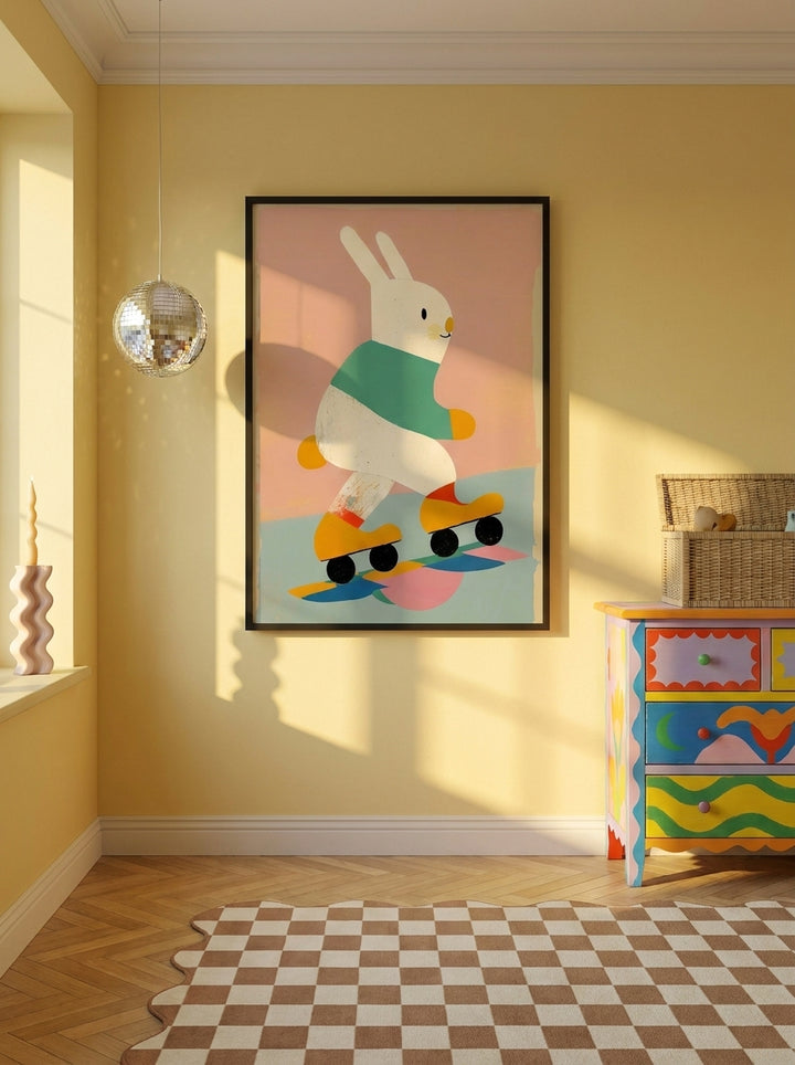 Oversized statement modern wall art print styled on the wall in a colourful eclectic nursery