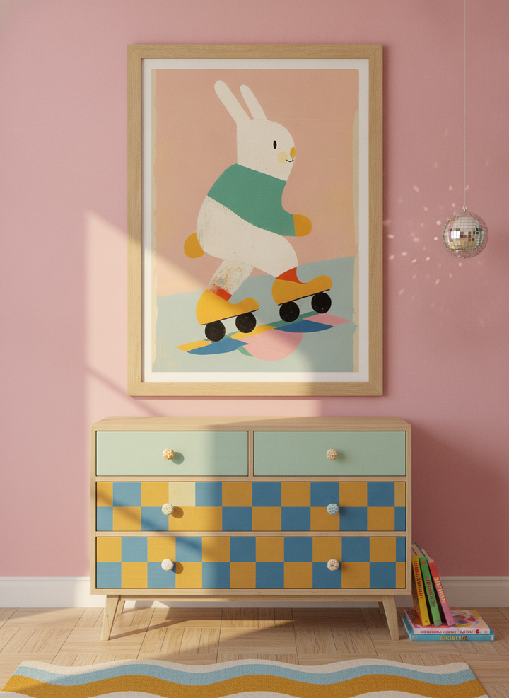 Modern wall art print styled on the wall in a colourful eclectic nursery
