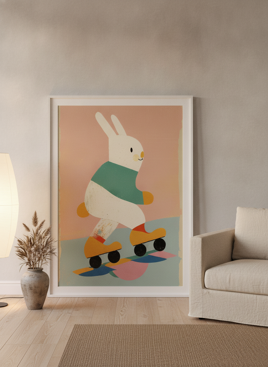 Oversized statement modern wall art print leaning against the wall in a warm Japandi living room
