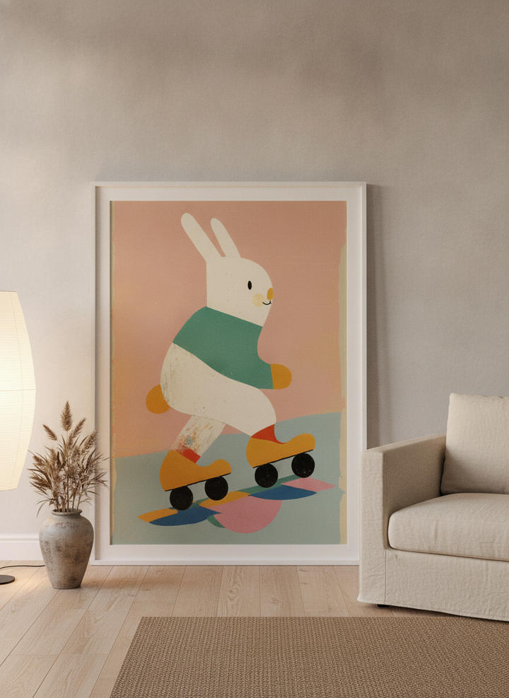 Oversized statement modern wall art print leaning against the wall in a warm Japandi living room