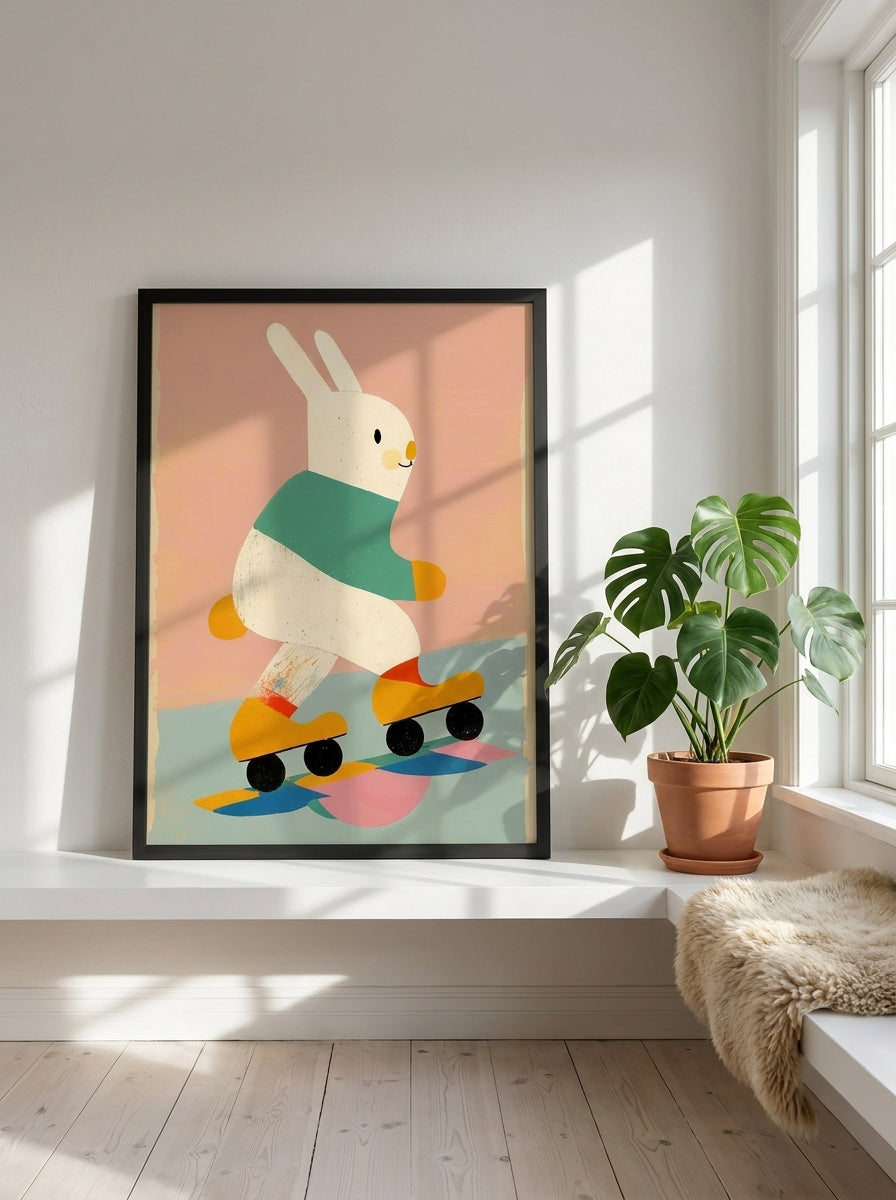 Modern wall art print standing on a shelf in a bright Scandinavian bedroom