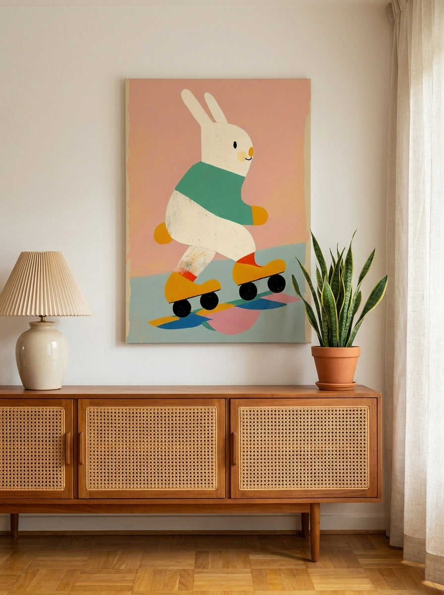 Stretched canvas wall art styled on the wall in a mid-century living room