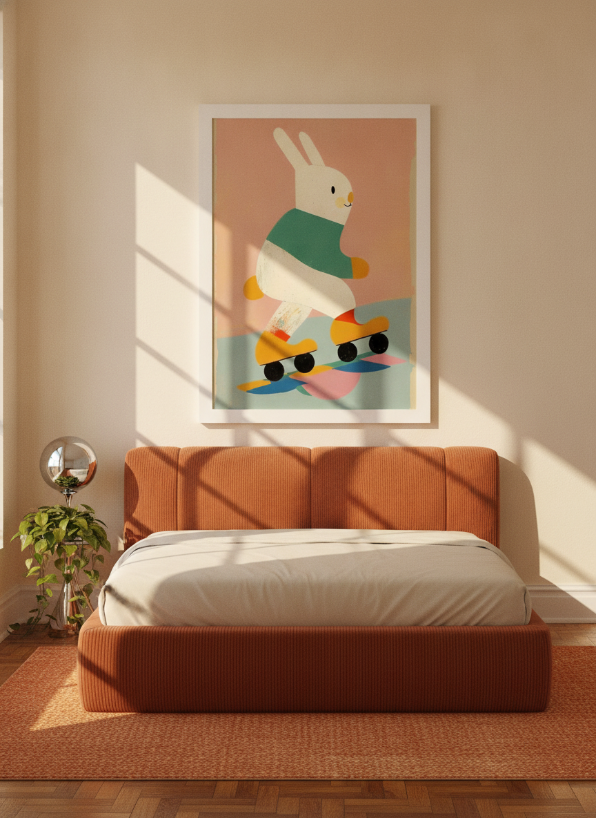 Modern wall art print styled on the wall in a retro 70s bedroom