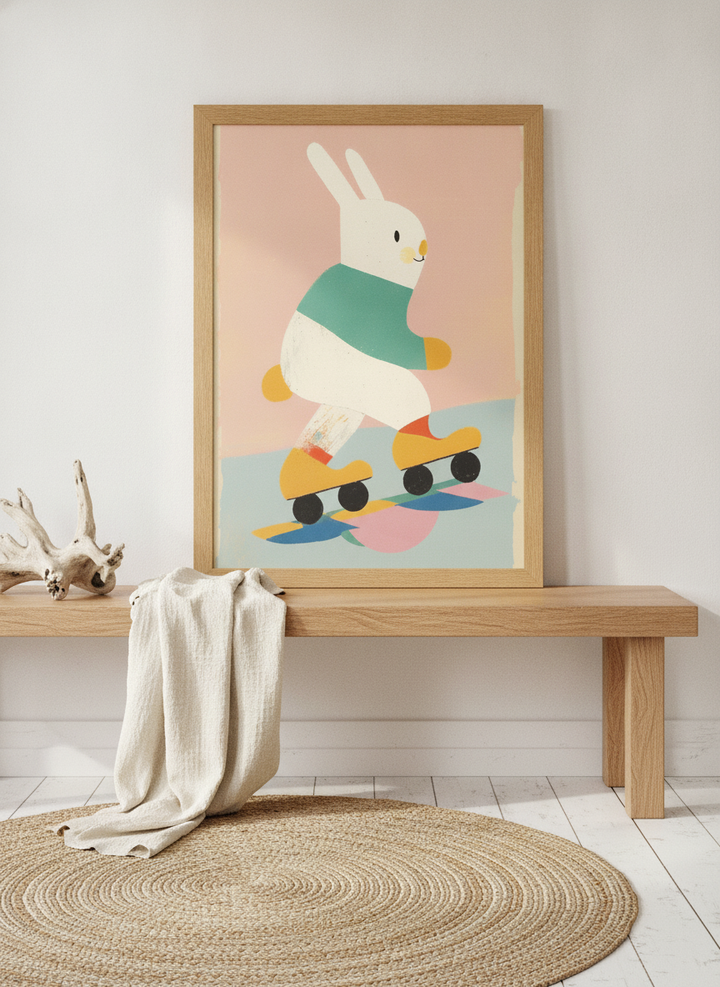 Modern wall art print standing on a kitchen bench in a coastal kitchen