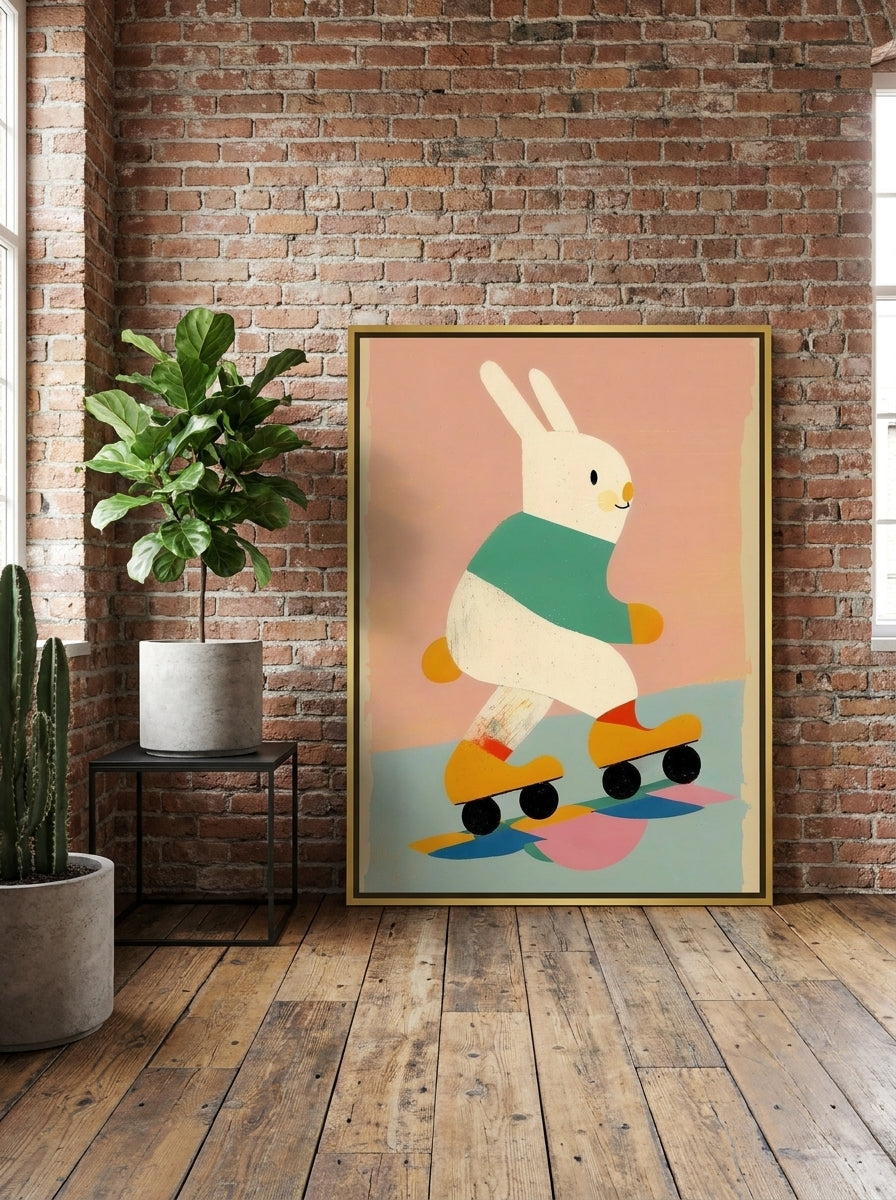 Oversized statement canvas wall art with a gold leaf surround leaning against the wall in an industrial loft living room