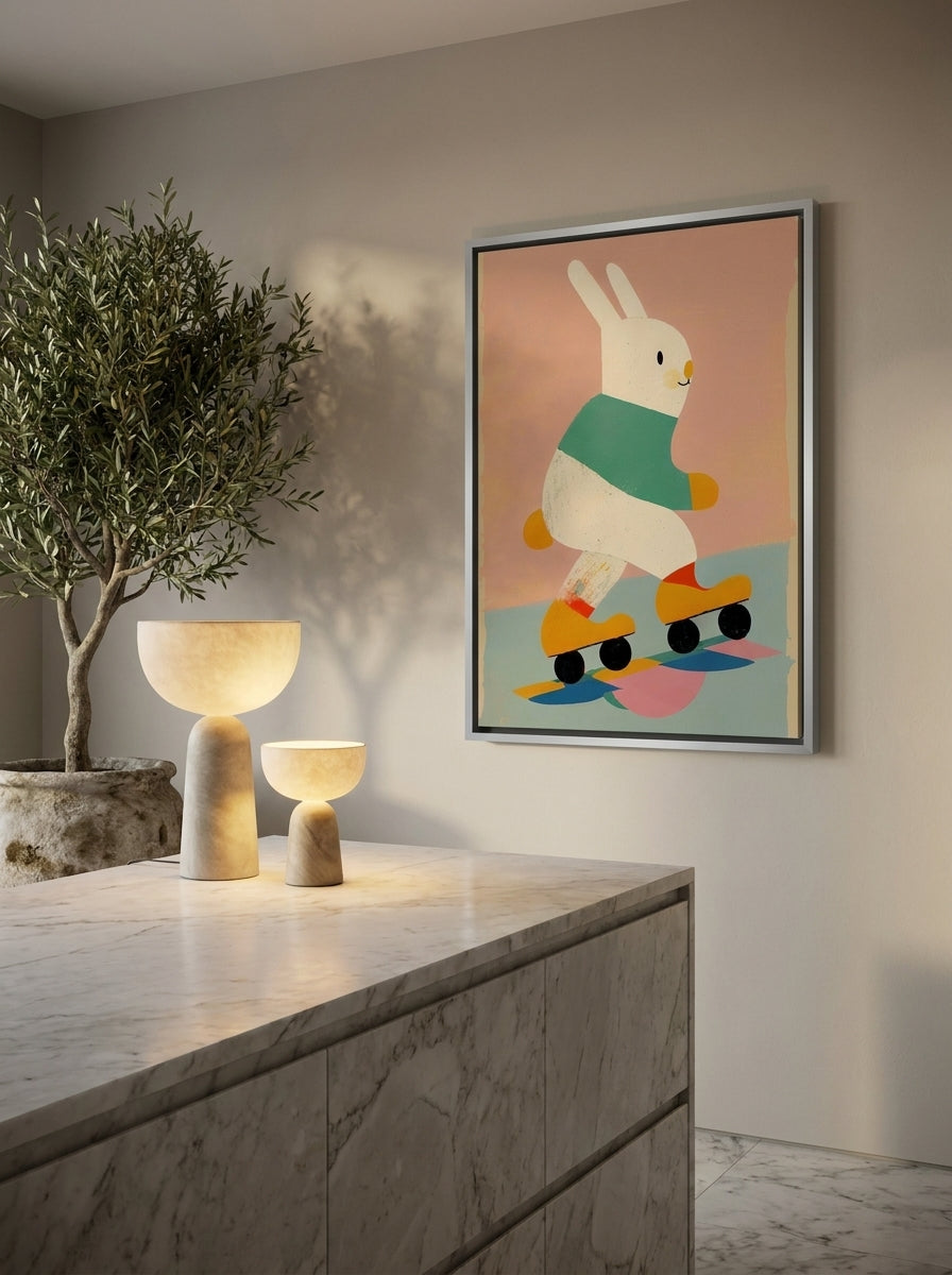 Canvas wall art with a silver leaf surround styled on the wall in a luxe kitchen
