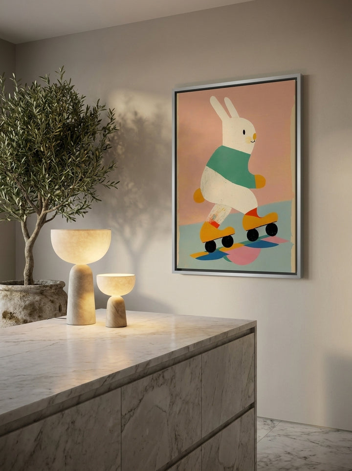 Canvas wall art with a silver leaf surround styled on the wall in a luxe kitchen