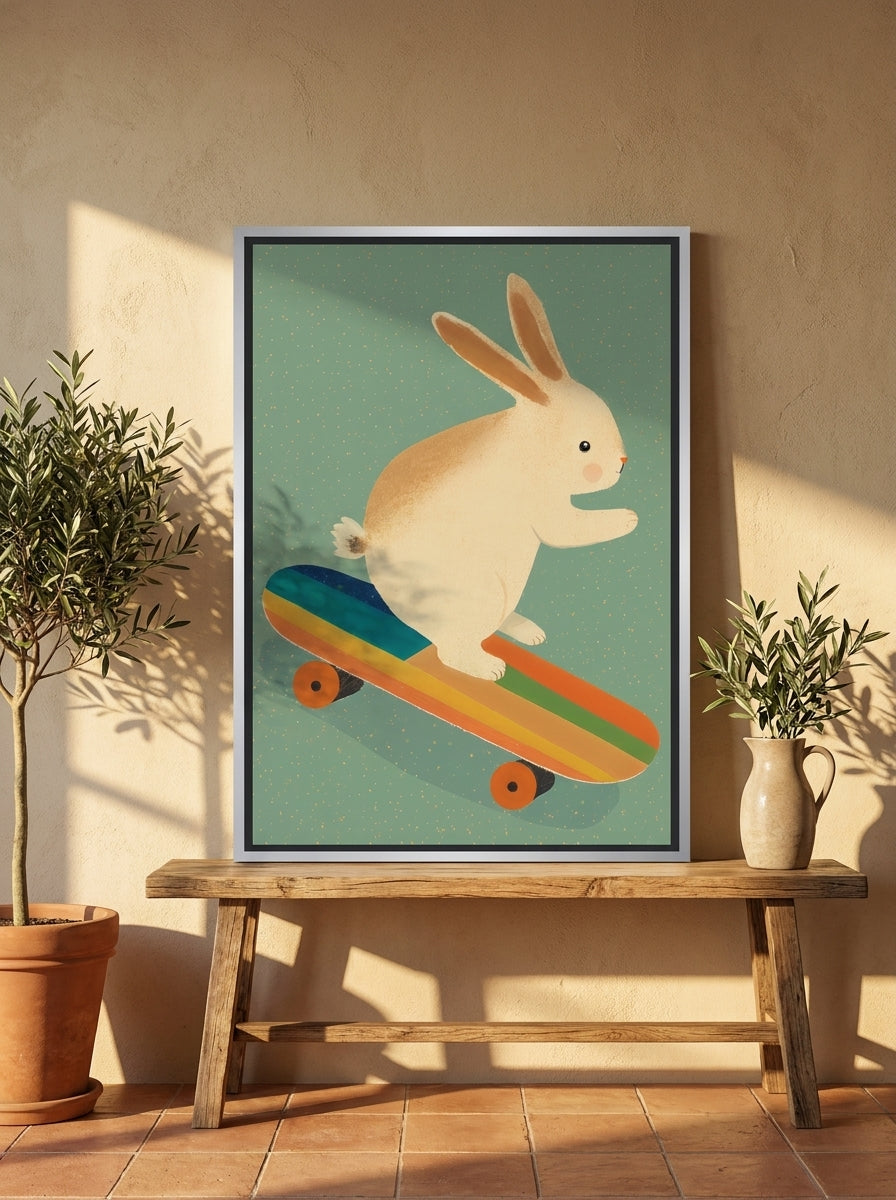 Canvas wall art with a silver leaf surround standing on a bench in a Mediterranean home office