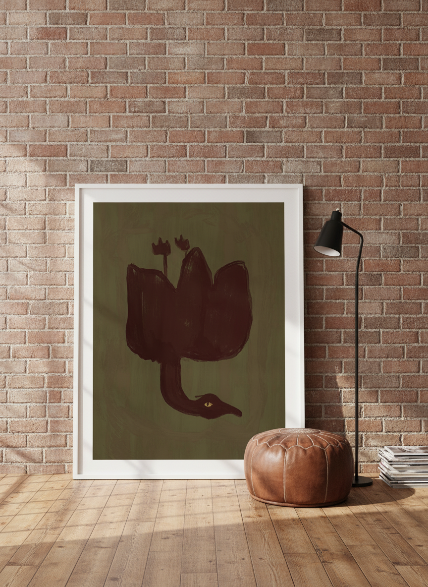 Modern wall art print leaning against the wall in an industrial loft bedroom