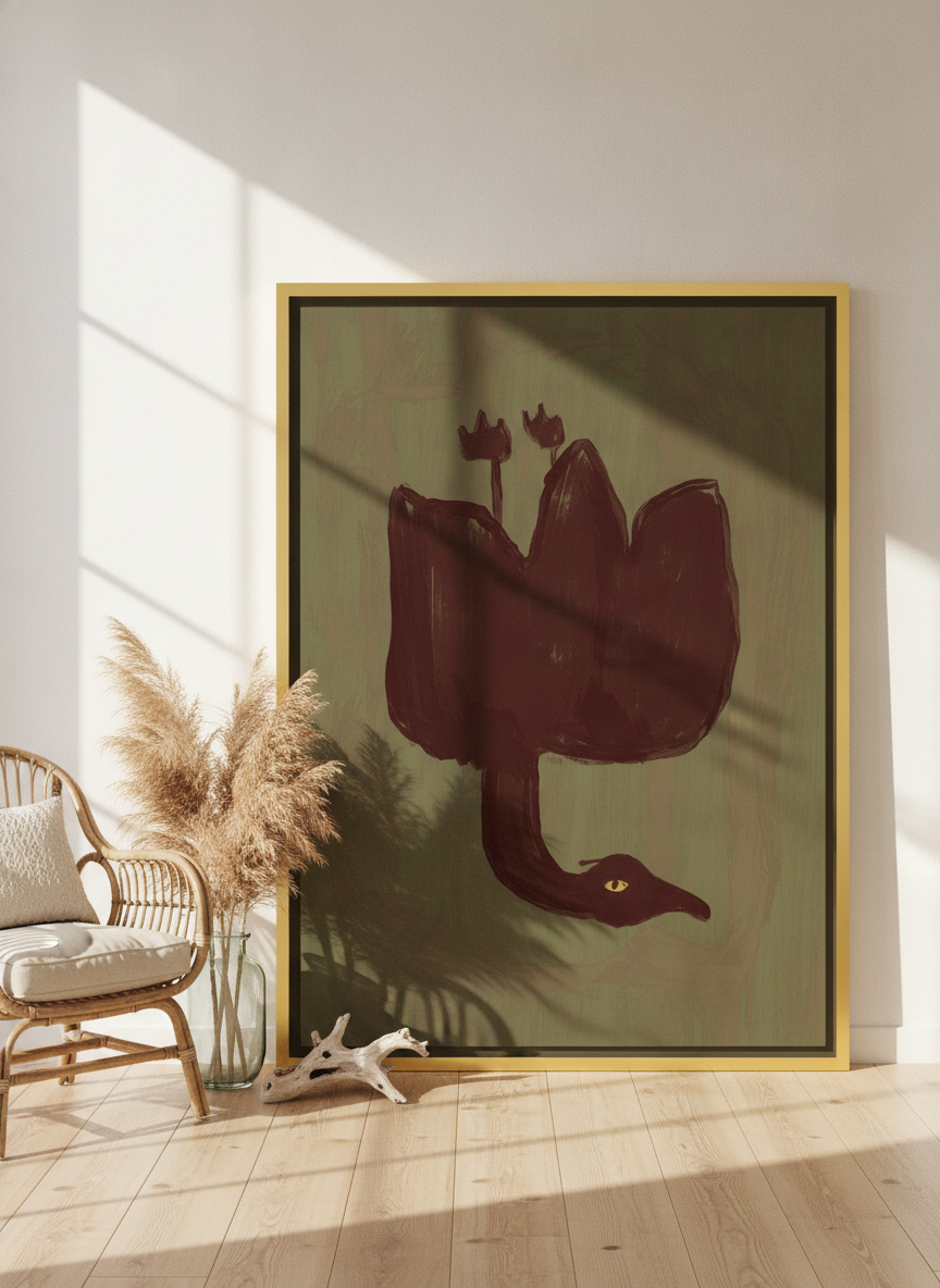 Oversized statement canvas wall art with a gold leaf surround leaning against the wall in a coastal living room