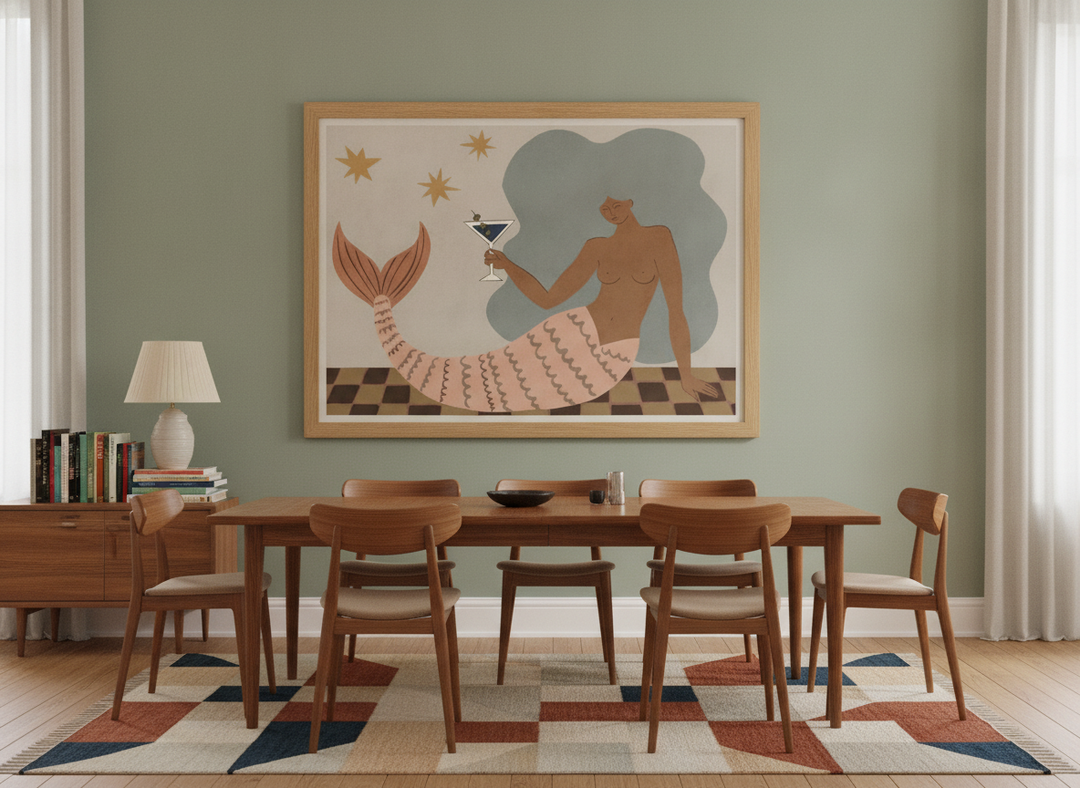 Oversized statement modern wall art print styled on the wall in a mid-century dining room
