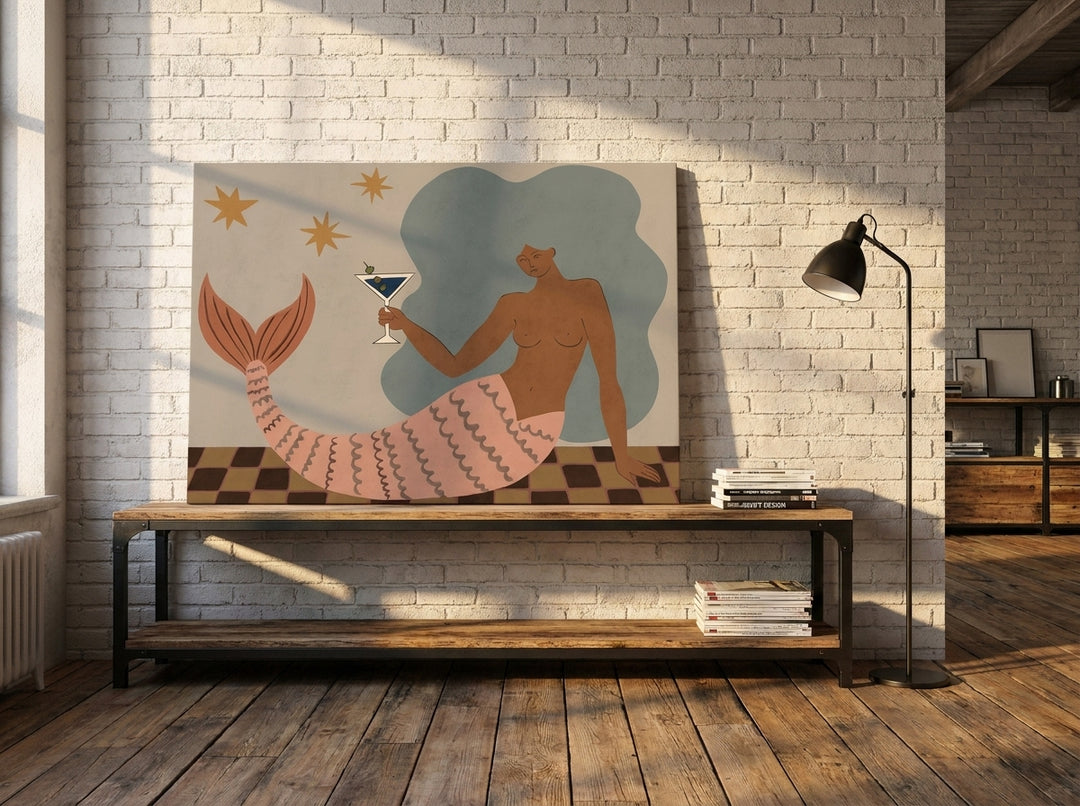 Stretched canvas wall art standing on a console in an industrial loft living room