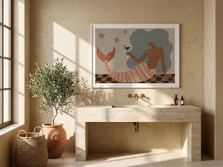 Modern wall art print styled on the wall in a Mediterranean bathroom