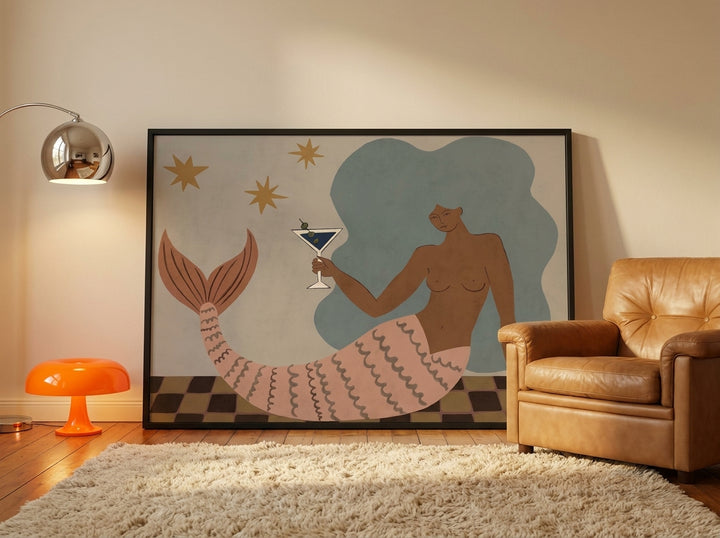Oversized statement modern wall art print leaning against the wall in a retro 70s living room