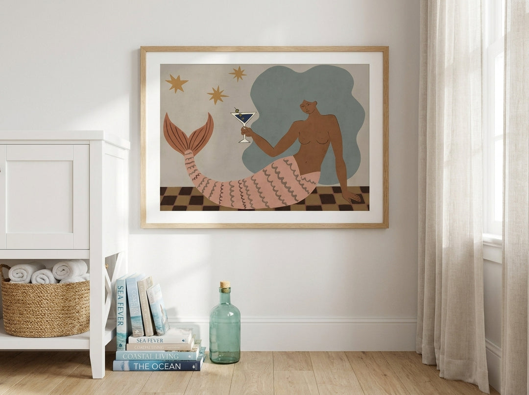 Modern wall art print styled on the wall in a coastal bathroom