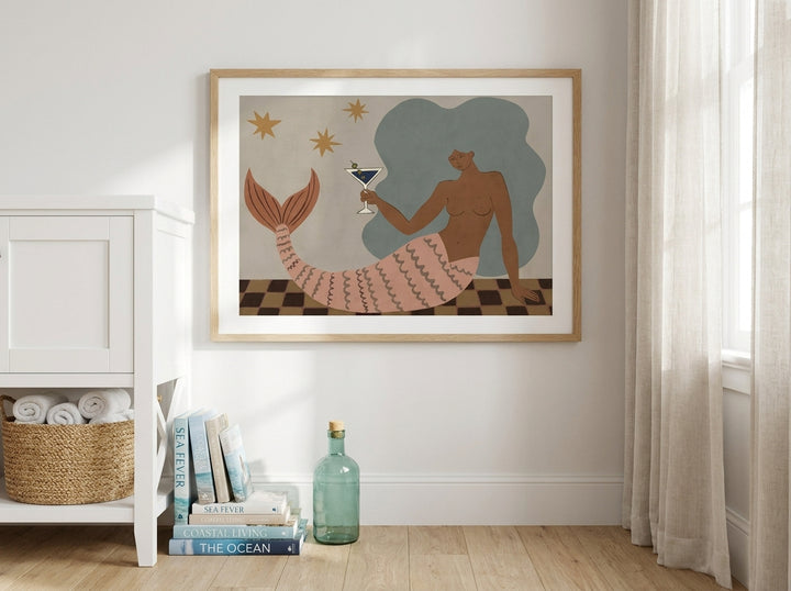 Modern wall art print styled on the wall in a coastal bathroom