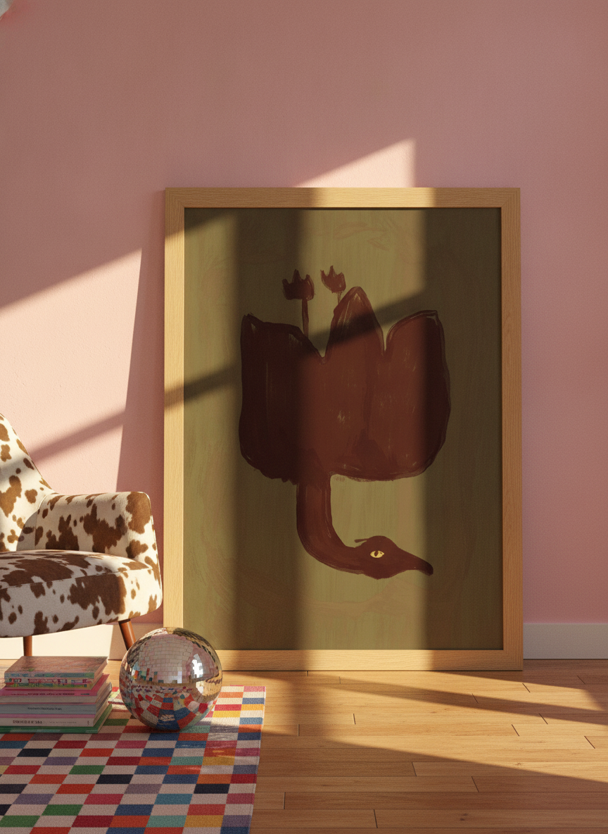 Oversized statement modern wall art print leaning against the wall in a colourful eclectic living room